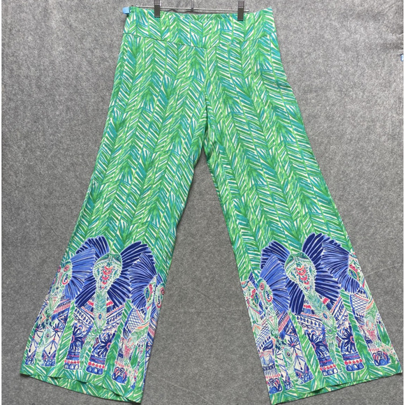 Lilly Pulitzer Pants Womens 4 Green Elephant Print Silk Wide Leg Side Zip 25053 - Picture 8 of 16